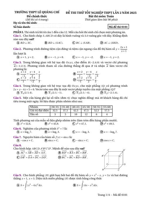 Đề thi thử TN THPT 2025 môn Toán lần 2 trường THPT Lê Quảng Chí – Hà Tĩnh